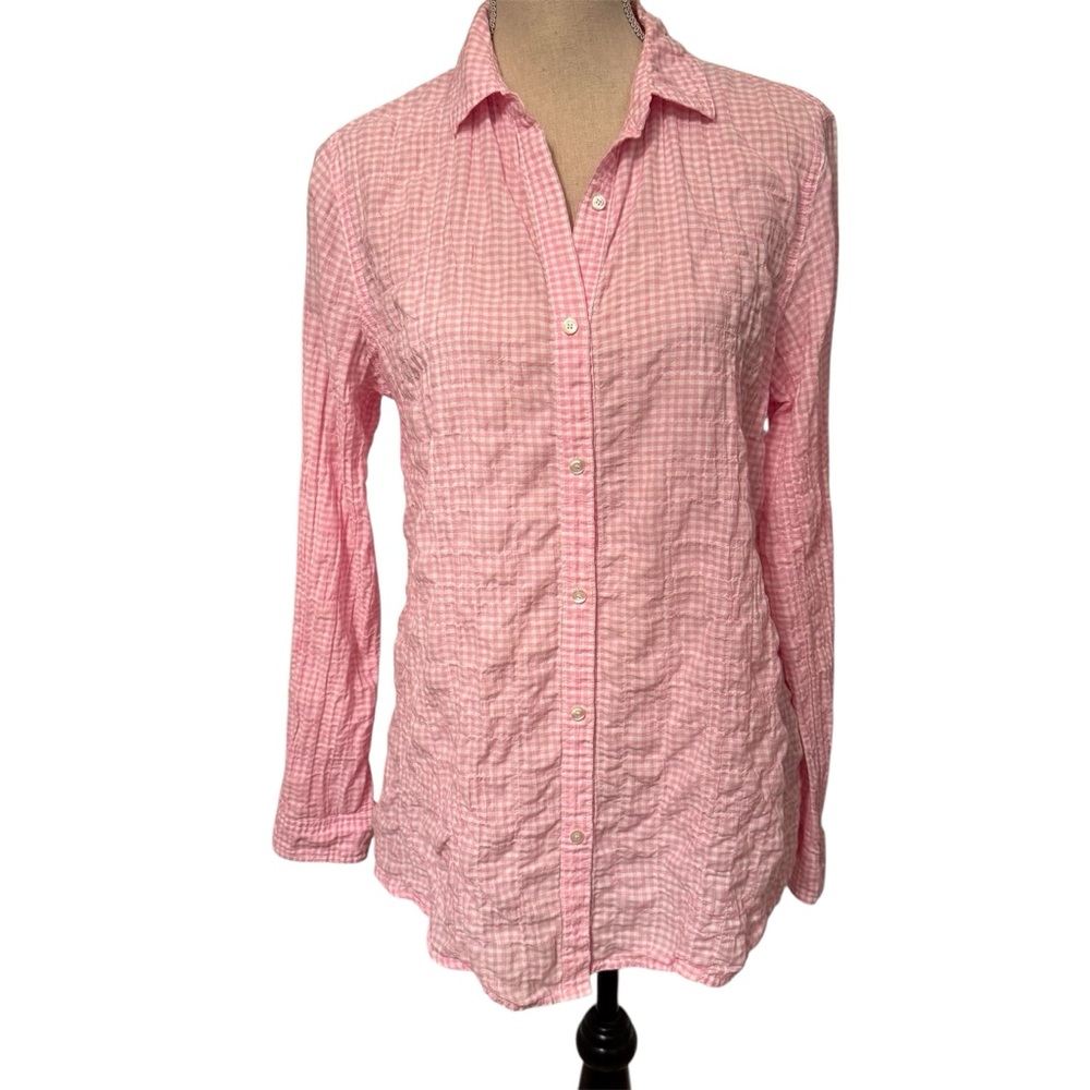 J. McLAUGHLIN TOP BUTTON DOWN PINK WHITE GINGHAM CRINKLE LONG SLEEVE SIZE S